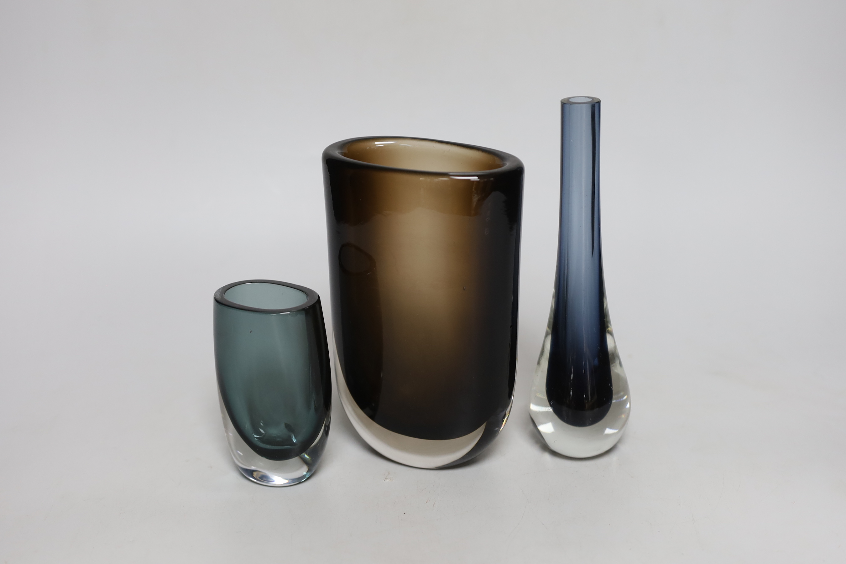 Three various Whitefriars coloured and shaped glass vases, tallest 20cm high